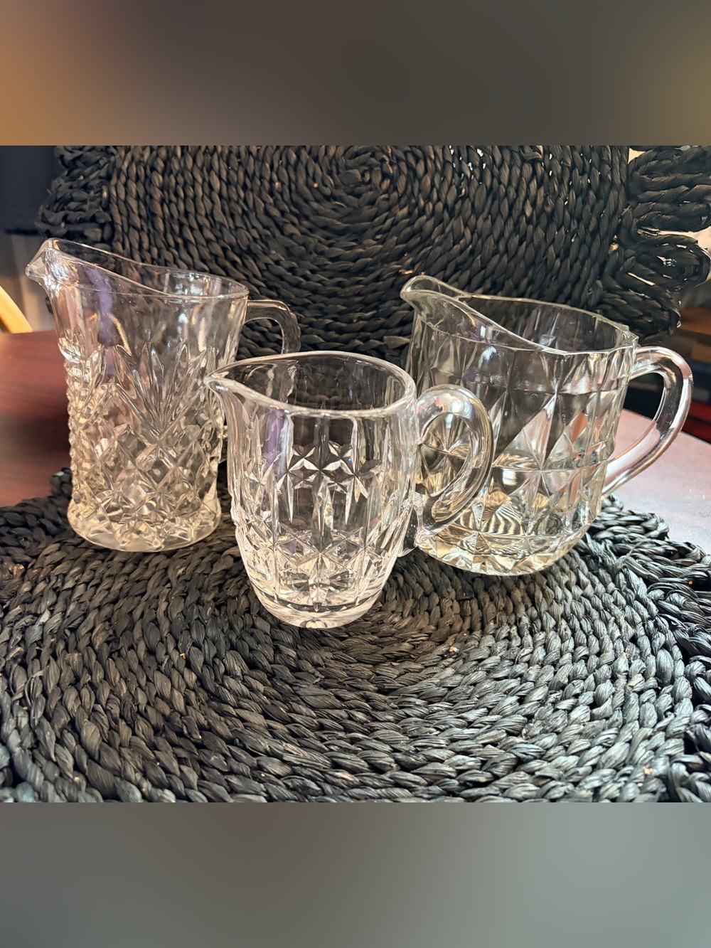 Vintage Elegant Clear Cut Heavy Faceted Glass Mini Pitcher Trio